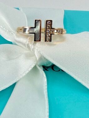 Tiffany Co. T Wire Ring with Diamonds and Mother Of Pearl, Rose Gold, sz 6.5